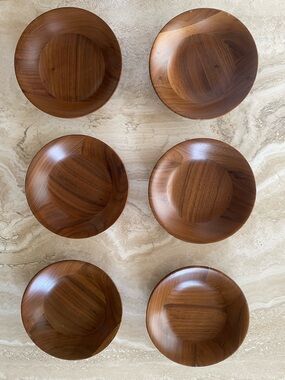 Vintage Mid Century Modern Walnut Wooden Salad Bowls Set of 6